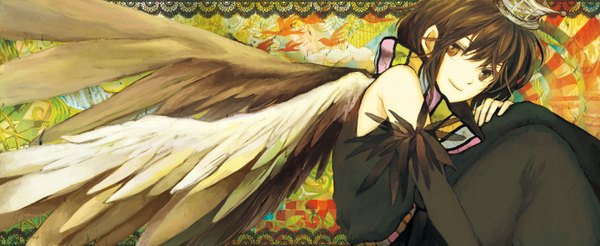 Anime picture 1500x616 with original sugi (artist) single short hair smile brown hair wide image sitting bare shoulders brown eyes looking away angel wings girl detached sleeves