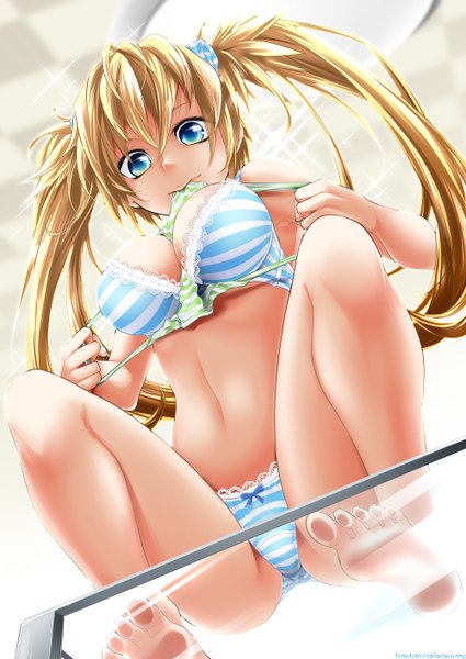 Anime picture 1000x1412 with original kitano tomotoshi long hair tall image breasts light erotic blonde hair large breasts twintails aqua eyes underwear only girl underwear panties striped panties striped bikini