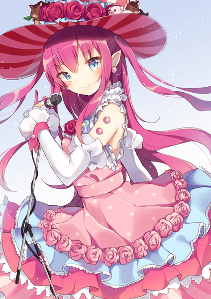 Anime picture 1447x2047 with fate (series) fate/extra fate/extra ccc elizabeth bathory (fate) (all) elizabeth bathory (fate) shiino sera (gelatin) single long hair tall image looking at viewer blush fringe simple background smile hair between eyes holding pink hair aqua eyes pointy ears sparkle