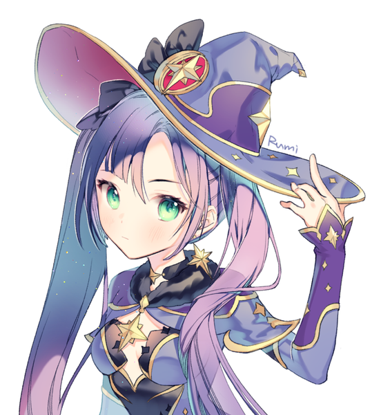Anime picture 800x870 with genshin impact mona megistus rarumi single long hair tall image looking at viewer fringe simple background white background twintails green eyes signed purple hair upper body adjusting hat girl hat witch hat single earring