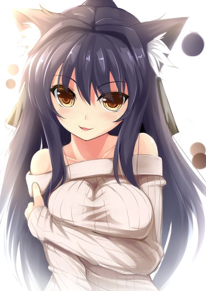 Anime picture 716x1011 with original koneko (nonnkimono) single long hair tall image looking at viewer open mouth black hair bare shoulders brown eyes animal ears cat ears girl sweater dress