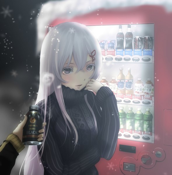 Anime picture 1045x1063 with re:zero kara hajimeru isekai seikatsu white fox coca-cola natsuki subaru echidna (re:zero) nikuman (samara) long hair tall image looking at viewer blush fringe breasts hair between eyes standing holding payot silver hair upper body outdoors long sleeves