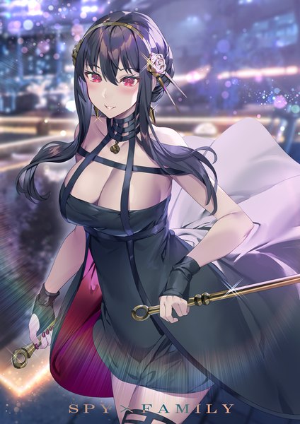 Anime picture 1131x1600 with spy x family yor briar yoshimoto (dear life) single long hair tall image blush fringe breasts light erotic black hair smile hair between eyes red eyes large breasts looking away cleavage blurry copyright name girl