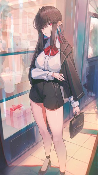 Anime picture 3384x5994 with original domi (hyaku8795) single long hair tall image looking at viewer fringe highres breasts light erotic black hair red eyes standing holding absurdres outdoors nail polish multicolored hair fingernails pointy ears