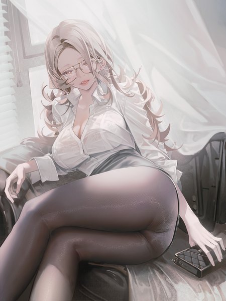 Anime-Bild 1628x2171 mit original koi han single long hair tall image looking at viewer fringe breasts light erotic brown hair large breasts sitting brown eyes indoors partially open clothes unbuttoned girl skirt underwear panties