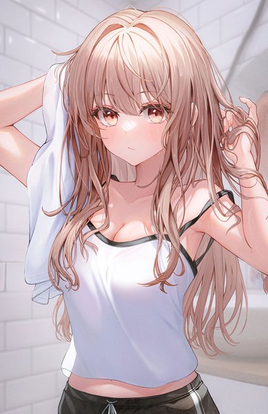 Anime picture 1397x2153 with original funii single long hair tall image looking at viewer blush fringe breasts light erotic brown hair bare shoulders brown eyes cleavage upper body indoors nail polish arms up wet arm behind head