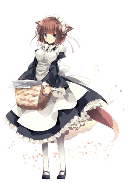 Anime picture 600x847 with original minazuki haruka single tall image fringe short hair blue eyes simple background brown hair standing white background animal ears tail long sleeves animal tail cat ears wide sleeves maid cat girl cat tail