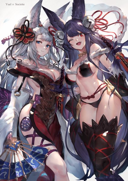 イラスト 1427x2019 と グランブルーファンタジー ユエル(グラブル) socie (granblue fantasy) わたお 長髪 長身像 カメラ目線 赤面 前髪 おっぱい 開いた口 青い目 light erotic simple background 笑顔 赤い目 大きな乳房 立つ 肩出し multiple girls