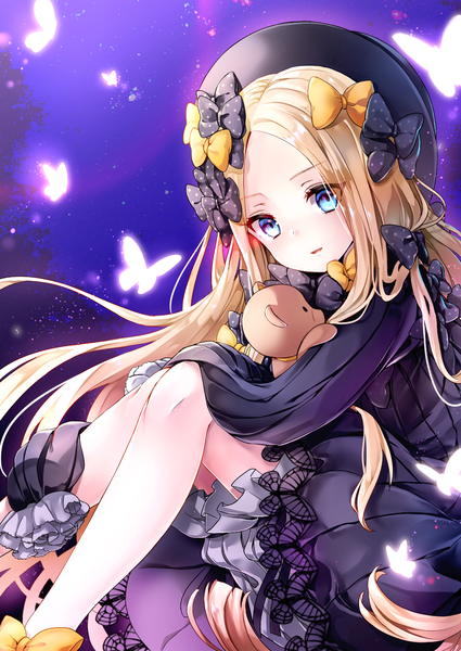 Anime picture 1032x1457 with fate (series) fate/grand order abigail williams (fate) hane yuki single long hair tall image blue eyes blonde hair sitting long sleeves night looking down girl dress bow hair bow hat black dress insect