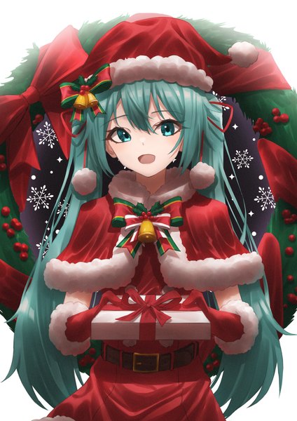 Anime picture 2894x4093 with vocaloid hatsune miku amaama (beccyonaika1) single long hair tall image looking at viewer fringe highres open mouth smile hair between eyes twintails holding very long hair :d aqua eyes aqua hair christmas girl