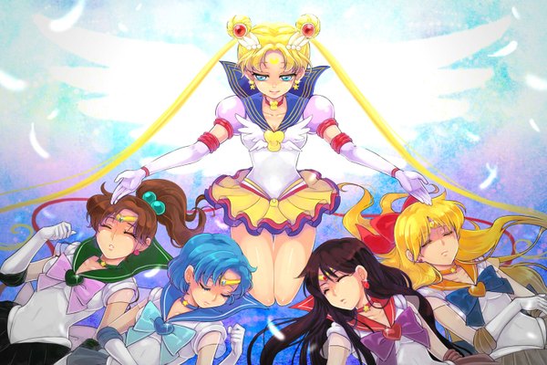 Anime picture 1500x1000 with bishoujo senshi sailor moon toei animation tsukino usagi sailor moon aino minako kino makoto sailor venus sailor mars sailor mercury sailor jupiter eternal sailor moon nightcat long hair short hair blue eyes black hair blonde hair brown hair twintails multiple girls