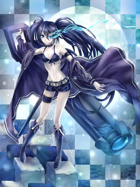 Anime picture 1200x1600 with black rock shooter black rock shooter (character) daphne zhang single long hair tall image blue eyes black hair twintails midriff glowing scar glowing eye (eyes) girl navel weapon shorts boots bikini top
