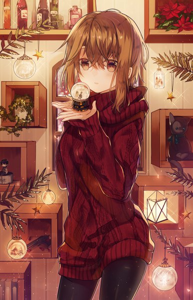 Anime picture 650x1006 with original teigi single tall image fringe short hair hair between eyes brown hair standing holding brown eyes looking away sparkle christmas girl pantyhose black pantyhose toy stuffed animal stuffed toy