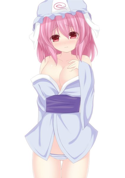 Anime picture 907x1290 with touhou saigyouji yuyuko chimunge single tall image looking at viewer blush short hair light erotic simple background red eyes white background pink hair traditional clothes japanese clothes pantyshot girl underwear panties kimono