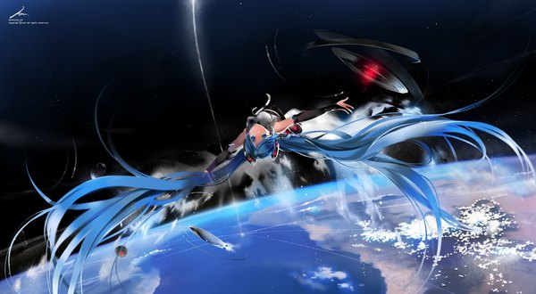 Anime picture 2000x1100 with vocaloid vocaloid append hatsune miku hatsune miku (append) kaninnvven single highres blue eyes wide image twintails blue hair very long hair flying space girl planet earth