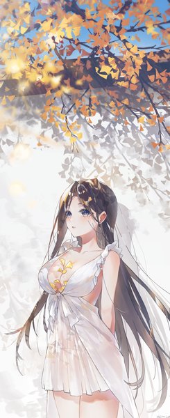 Anime picture 2841x6946 with original swkl:d single long hair tall image fringe highres breasts blue eyes light erotic brown hair large breasts standing looking away cleavage outdoors parted lips sleeveless hands behind back against wall