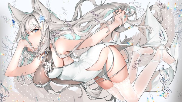 Anime picture 2016x1134 with original mayuri kaichou single long hair looking at viewer fringe highres breasts open mouth blue eyes light erotic wide image large breasts bare shoulders animal ears silver hair full body bent knee (knees) blunt bangs nail polish