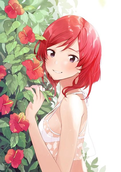 Anime picture 595x842 with love live! school idol project sunrise (studio) love live! nishikino maki fly (marguerite) single tall image blush short hair blue eyes light erotic smile standing bare shoulders red hair clenched teeth girl flower (flowers) swimsuit side-tie bikini
