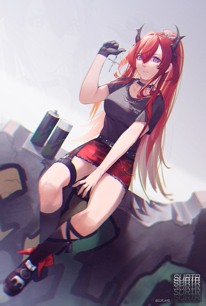 Anime picture 2048x3040 with arknights surtr (arknights) surtr (liberte echec) (arknights) lufi ays single long hair tall image looking at viewer fringe highres breasts simple background hair between eyes sitting purple eyes signed full body red hair horn (horns) dutch angle