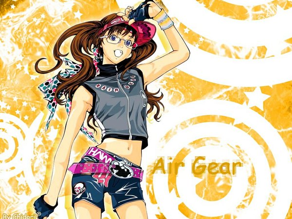 Anime picture 1024x768 with air gear toei animation noyamano ringo twintails wallpaper gloves navel hat glasses jacket belt fingerless gloves wristlet