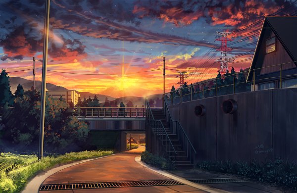 Anime picture 1200x780 with original niko p signed cloud (clouds) outdoors sunlight shadow horizon mountain no people landscape sunbeam morning sunrise plant (plants) tree (trees) building (buildings) star (stars) sun railing