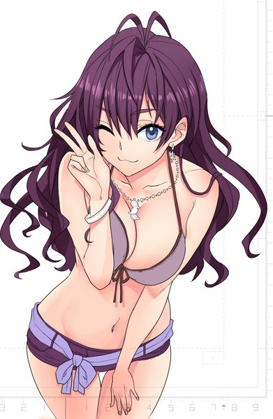 Anime picture 1528x2342 with idolmaster idolmaster cinderella girls ichinose shiki angelo (gomahangetsu) single long hair tall image looking at viewer fringe blue eyes light erotic simple background smile white background bare shoulders purple hair ahoge one eye closed wink bare belly