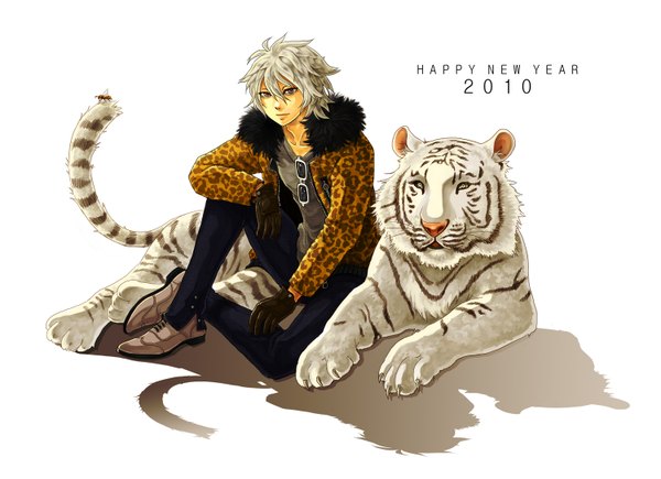 Anime picture 1500x1089 with tegami bachi gauche suede pearl gray (artist) short hair simple background white background white hair shadow new year 2010 boy gloves animal glasses jacket pants tiger