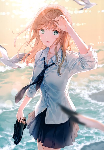 Anime picture 2406x3464 with original hiten (hitenkei) single long hair tall image looking at viewer blush fringe highres breasts open mouth blonde hair standing holding :d pleated skirt arm up aqua eyes from above wind