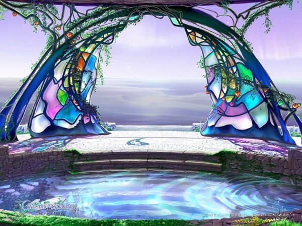 Anime picture 1600x1200 with kagaya 3d plant (plants) water grass stairs stained glass