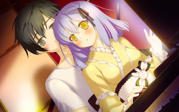 Anime picture 2048x1280 with irotoridori no sekai shikishima kyou shida kazuhiro blush highres short hair black hair wide image brown eyes yellow eyes game cg purple hair girl boy