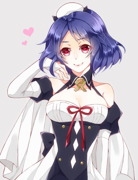 Anime picture 784x1024 with owari no seraph wit studio chess belle kanoya (ueda79861) single tall image looking at viewer short hair breasts simple background smile red eyes blue hair cleavage grey background symbol-shaped pupils eyebrows girl ribbon (ribbons) detached sleeves