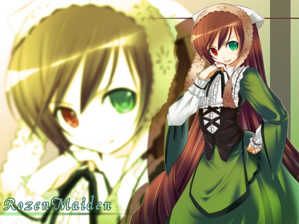 Anime picture 1024x768 with rozen maiden suiseiseki kakaon long hair looking at viewer smile brown hair very long hair wallpaper copyright name heterochromia zoom layer dress