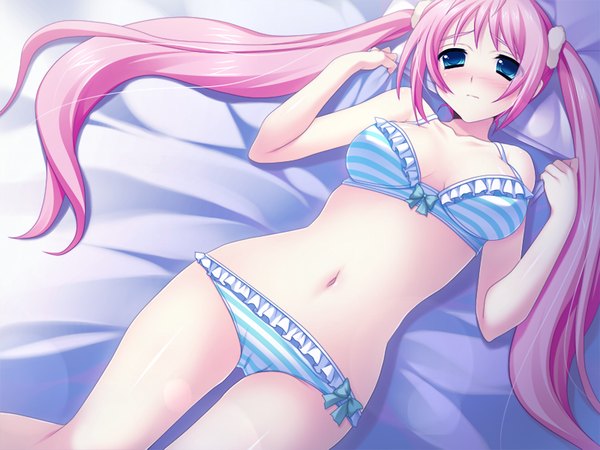 Anime picture 1024x768 with happy factory izumi yura long hair blush blue eyes light erotic twintails pink hair game cg underwear only girl underwear panties