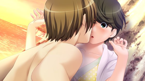 イラスト 1920x1080 と sister scheme 2 (game) ino highres 短い髪 開いた口 黒髪 茶色の髪 wide image 緑の目 game cg 女の子 男性 水着 ビキニ (水着)