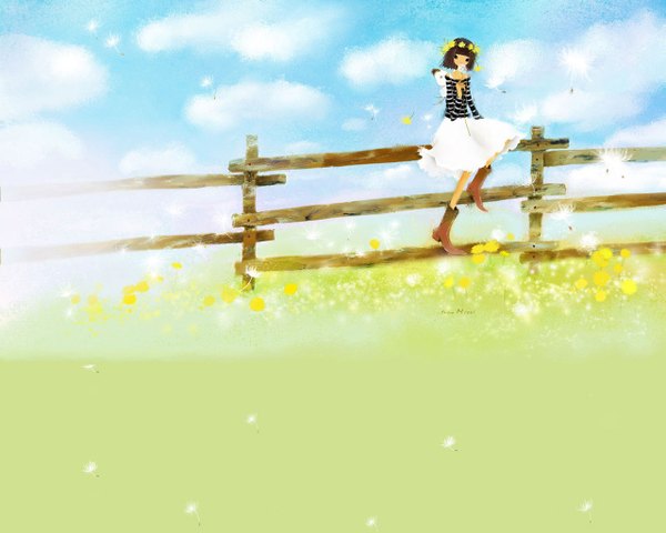 Anime picture 1280x1024 with mizzi (artist) brown hair landscape field girl flower (flowers) wings fence head wreath