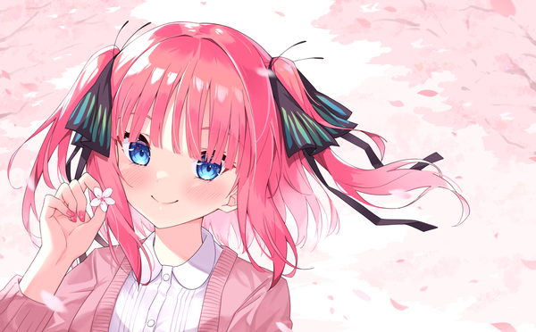 Anime picture 1937x1200 with go-toubun no hanayome nakano nino profnote single looking at viewer blush fringe highres short hair blue eyes smile wide image pink hair upper body blunt bangs wind two side up cherry blossoms girl hair ornament