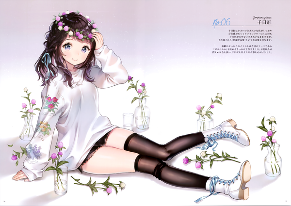Anime picture 6351x4500 with original ancotaku single long hair looking at viewer blush highres blue eyes black hair smile sitting absurdres full body scan inscription arm support text hand on head lacing bad anatomy