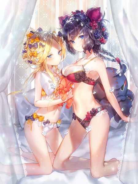 Anime picture 1125x1500 with fate (series) fate/grand order abigail williams (fate) katsushika hokusai (fate/grand order) tokitarou (fate/grand order) emoillu long hair tall image looking at viewer blush breasts blue eyes light erotic black hair blonde hair smile large breasts multiple girls indoors braid (braids)