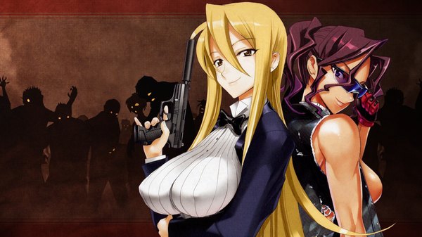 Anime picture 1920x1080 with highschool of the dead madhouse marikawa shizuka minami rika highres breasts light erotic blonde hair wide image multiple girls purple hair huge breasts zombie girl weapon 2 girls glasses gun