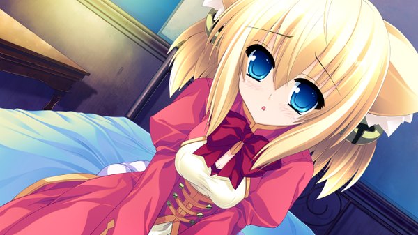 Anime picture 1280x720 with tiny dungeon (game) rosebleu uluru single short hair blue eyes blonde hair wide image animal ears game cg cat ears loli girl bed