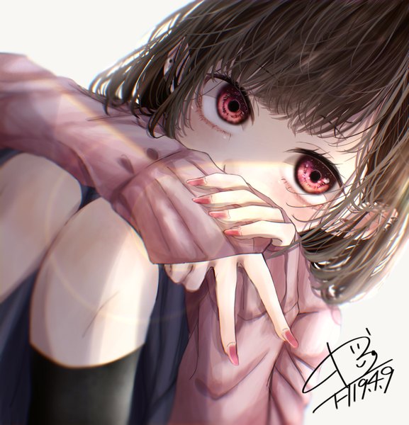 Anime picture 1907x1983 with original taira single tall image looking at viewer blush fringe highres short hair simple background brown hair white background signed blunt bangs nail polish pink eyes fingernails piercing dated sleeves past wrists