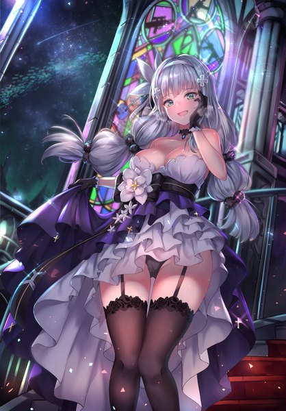 Anime-Bild 731x1050 mit girls frontline hk416 (girls frontline) hk416 (starry cocoon) (girls frontline) cenangam single long hair tall image fringe breasts open mouth light erotic large breasts green eyes cleavage silver hair sparkle from below pantyshot official alternate costume hand on cheek