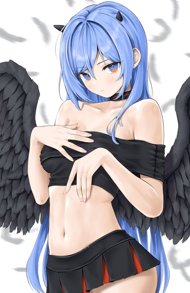 Anime picture 1100x1700 with original minah (chaesu) chaesu single long hair tall image looking at viewer fringe breasts blue eyes light erotic simple background hair between eyes white background bare shoulders blue hair pleated skirt horn (horns) bare belly black wings