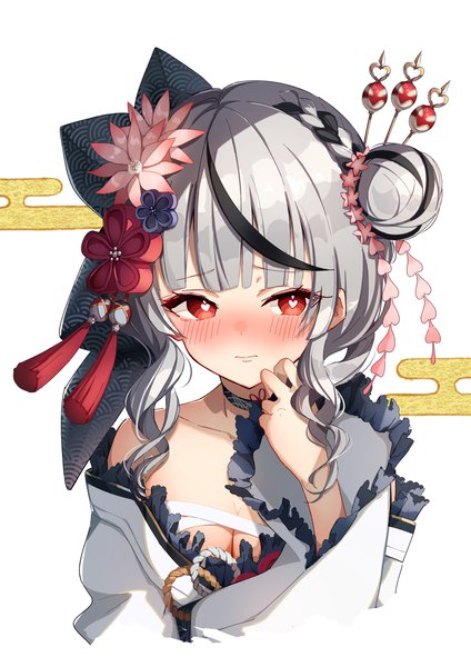 Anime picture 1000x1414 with virtual youtuber hololive sakamata chloe sakamata chloe (new year) brat single tall image blush short hair breasts light erotic white background silver hair upper body multicolored hair hair bun (hair buns) embarrassed streaked hair official alternate costume symbol-shaped pupils