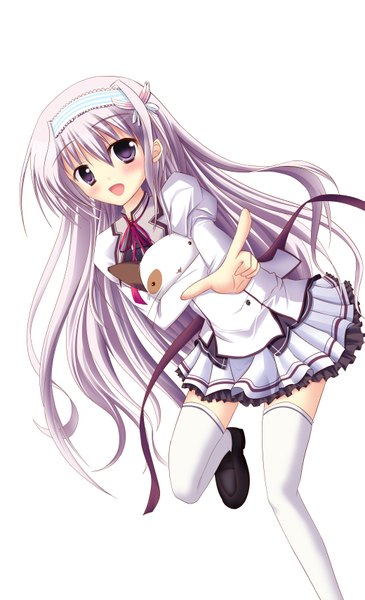 Anime picture 2077x3412 with mashiroiro symphony amaha miu mashirotei (artist) long hair tall image looking at viewer blush highres open mouth simple background smile white background purple eyes purple hair girl thighhighs skirt uniform hair ornament school uniform