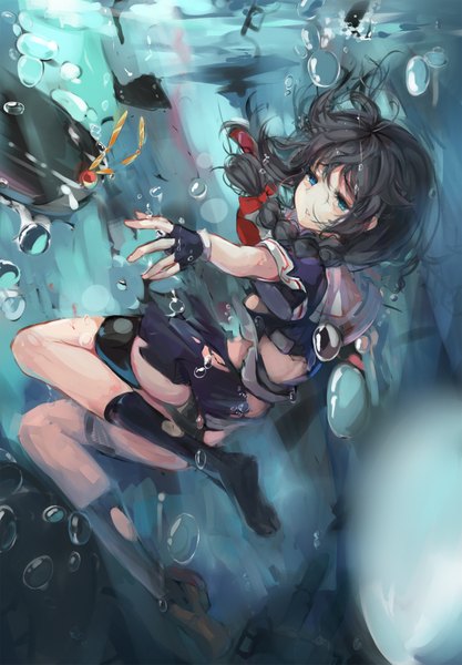 Anime picture 1224x1759 with kantai collection shigure destroyer scarlethy (artist) single long hair tall image looking at viewer fringe blue eyes black hair braid (braids) sunlight short sleeves no shoes twin braids torn clothes underwater sunbeam girl gloves