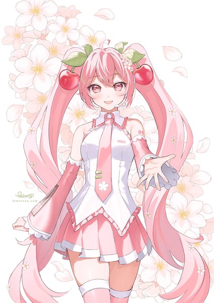 Anime picture 1414x2000 with vocaloid hatsune miku sakura miku kimopoleis single tall image looking at viewer fringe open mouth hair between eyes twintails pink hair ahoge very long hair :d pleated skirt pink eyes zettai ryouiki cherry blossoms outstretched hand