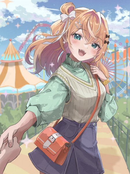 Anime picture 1536x2048 with virtual youtuber nijisanji igarashi rika penta (pepepen 28) long hair tall image looking at viewer blush fringe open mouth blonde hair hair between eyes sky cloud (clouds) outdoors head tilt :d aqua eyes holding hands solo focus