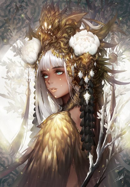 Anime picture 800x1150 with original danhu single long hair tall image fringe blue eyes signed looking away upper body white hair blunt bangs parted lips looking back hair flower from behind lipstick dark skin facial mark portrait