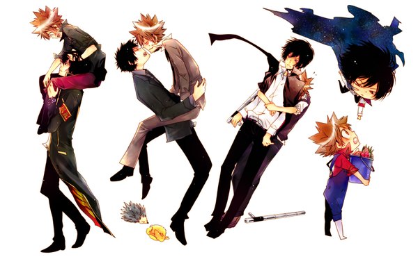 Anime picture 1827x1127 with katekyou hitman reborn sawada tsunayoshi hibari kyouya hibird sakuragi kei highres short hair black hair brown hair wide image eyes closed couple hug chibi face to face clothes on shoulders shounen ai carrying boy weapon